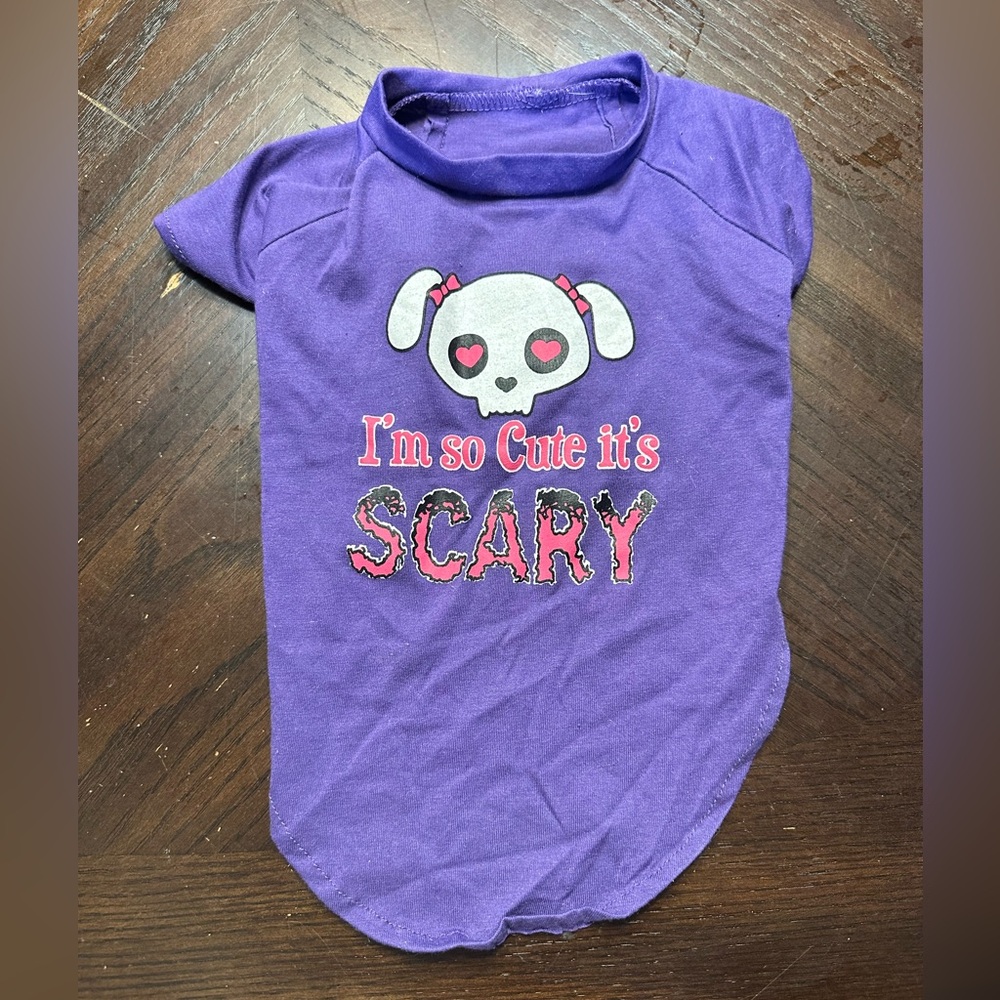 PURPLE DOGGIE SHIRT SKULL BOWS I’m So Cute It’s Scary Size M Halloween Dog Shirt
